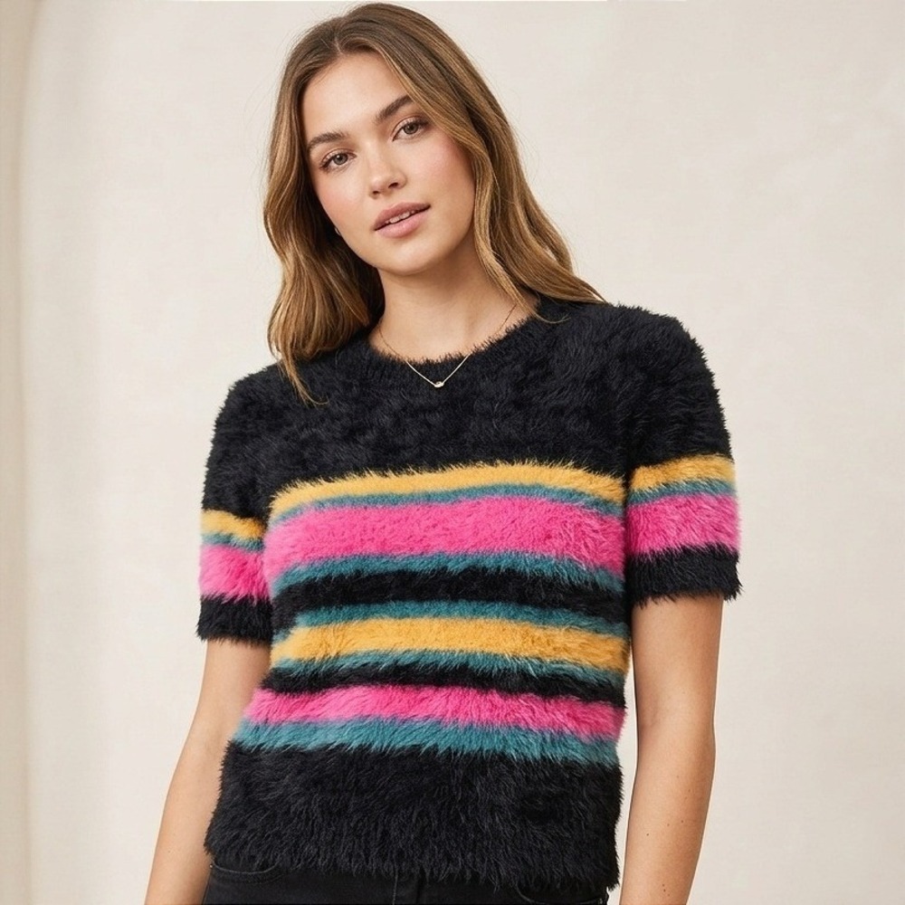 Almost Famous Fuzzy Striped Sweater 90s Grunge Y2K Eyelash Knit Top Black XL